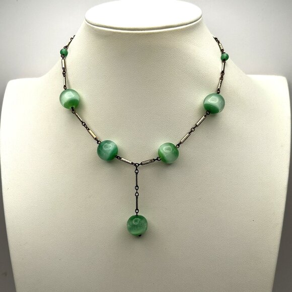 Art Deco Green Glass Bead White Enamel Bar Link Chain 1920s Necklace 16” - Picture 1 of 12